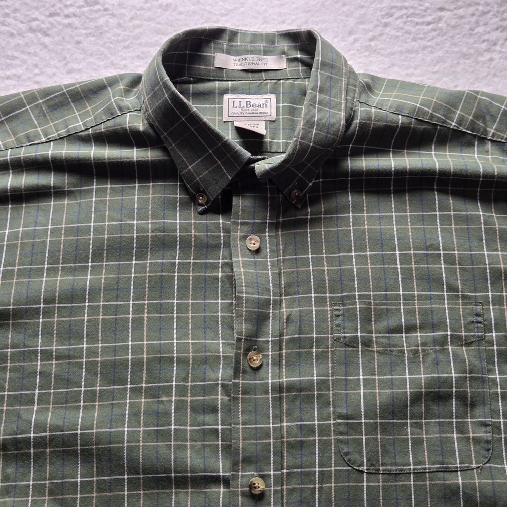 L.L. Bean Shirt Mens 2XL Green Plaid Short Sleeve Wrinkle Free Button Up Casual